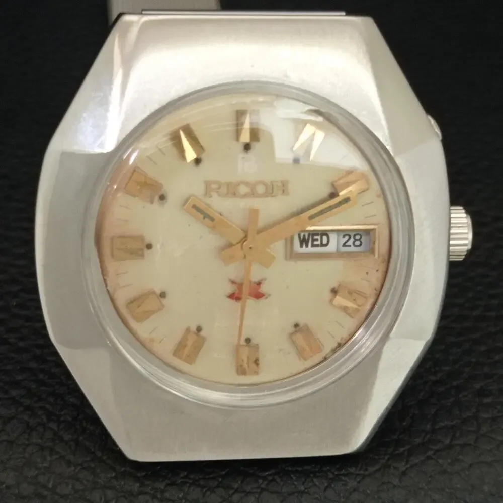 Vintage 1976 Ricoh Automatic Mens Silver Watch W/daydate & Patina accents